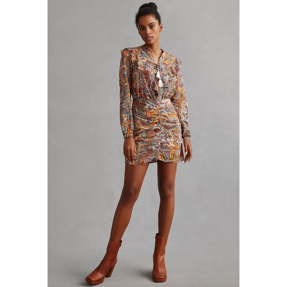 Anthropologie Boho Paisley Ruffle Lace Up Mini Dress Orange Brown Size 8